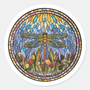 Stained Glass Design with a Dragonfly Classic Round Sticker