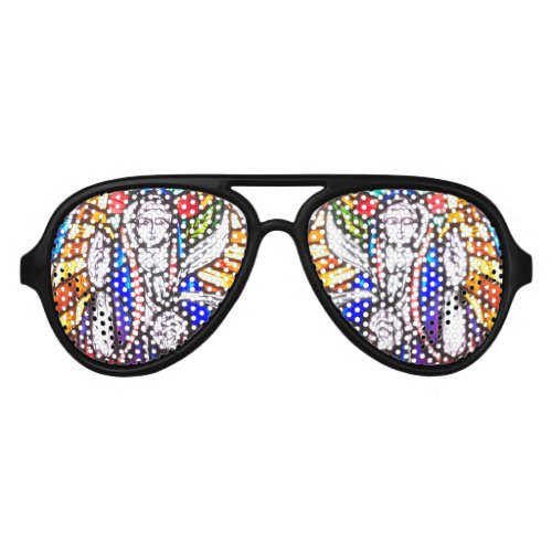 Stained Glass Design with Religious Figure Aviator Sunglasses