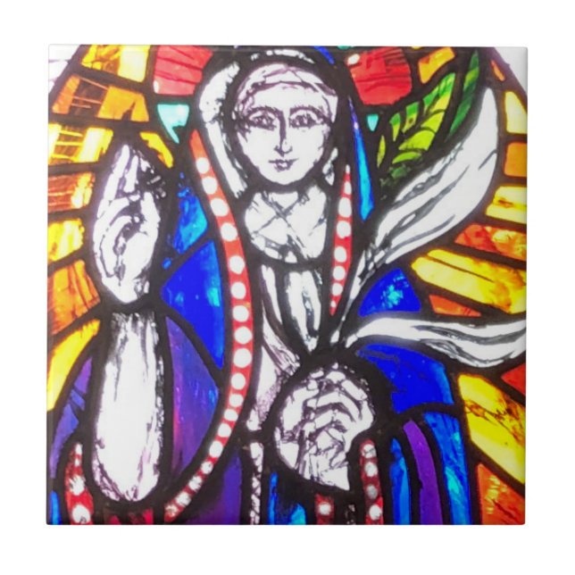Stained Glass Design with Religious Figure. Ceramic Tile (Front)