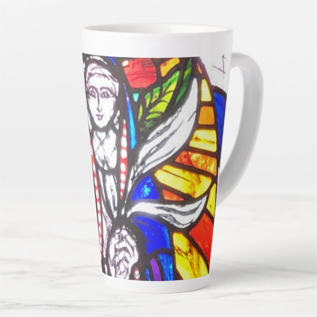 Stained Glass Design with Religious Figure. Latte Mug (Right Angle)