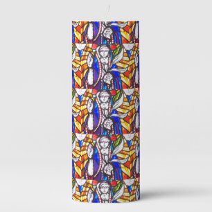 Stained Glass Design with Religious Figure. Pillar Candle