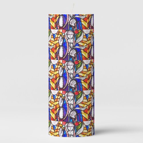 Stained Glass Design with Religious Figure Pillar Candle