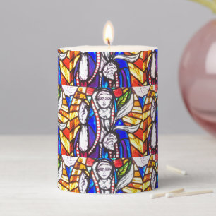 Stained Glass Design with Religious Figure Pillar Candle
