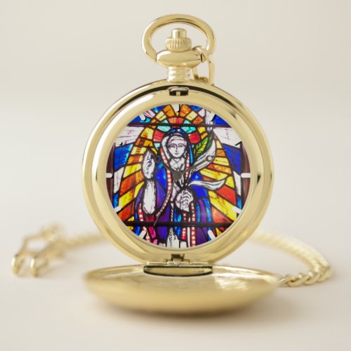 Stained Glass Design with Religious Figure Pocket Watch