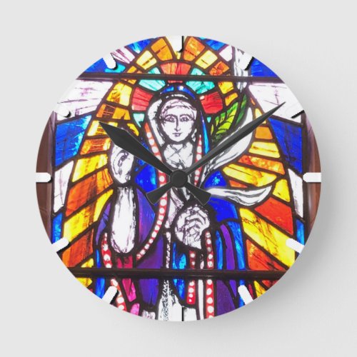 Stained Glass Design with Religious Figure Round Clock