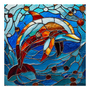 🐬 Stained Glass Dolphin Art Gift For Home 🌊 Poster