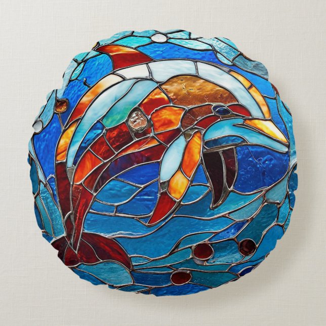 Stained glass dolphin round pillow (Front)