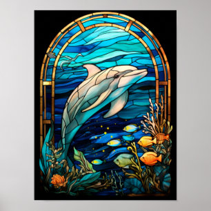 Stained Glass Dolphin Swimming in Coral Reef Ocean Poster