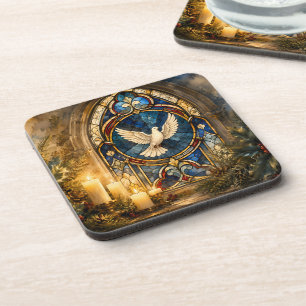 Stained Glass Dove Christmas Window Beverage Coaster