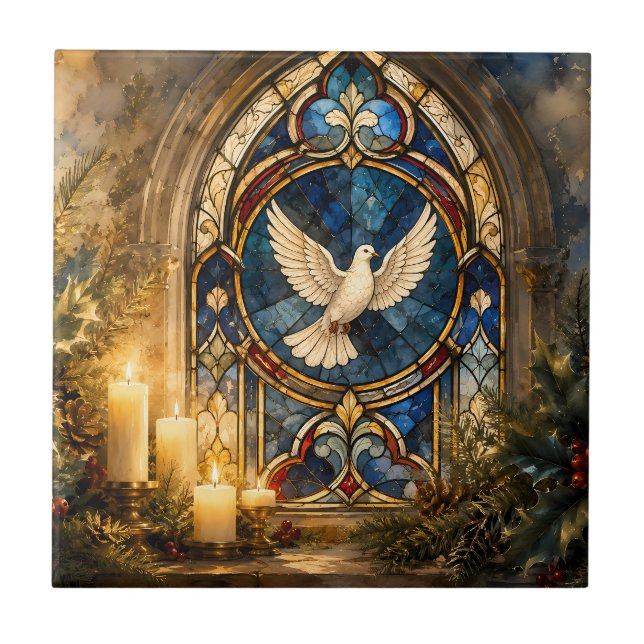 Stained Glass Dove Christmas Window Ceramic Tile (Front)