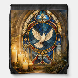 Stained Glass Dove Christmas Window Drawstring Bag