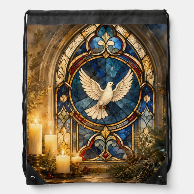 Stained Glass Dove Christmas Window Drawstring Bag (Front)