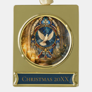 Stained Glass Dove Christmas Window Gold Plated Banner Ornament