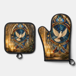 Stained Glass Dove Christmas Window Oven Mitt & Pot Holder Set