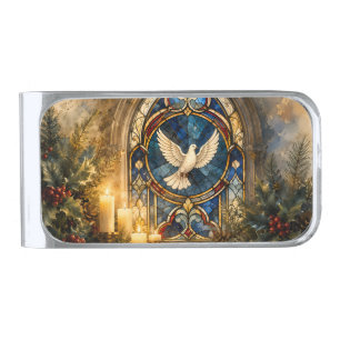 Stained Glass Dove Christmas Window Silver Finish Money Clip
