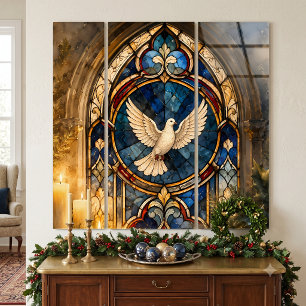 Stained Glass Dove Christmas Window Triptych
