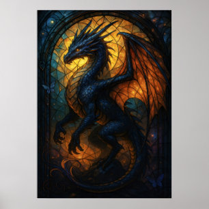 Stained Glass Dragon Fantasy Artwork Poster