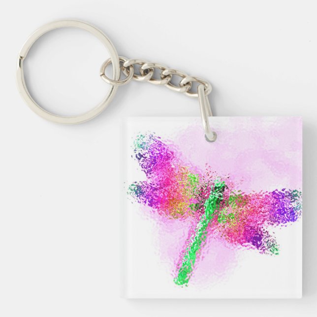 Stained Glass Dragonfly Art (pink) Keychain (Front)