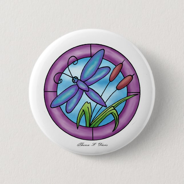 Stained Glass Dragonfly Pinback Button (Front)