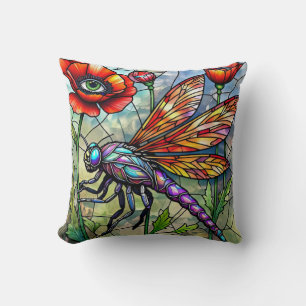 Stained Glass Dragonfly Poppies Unique Eye Art Throw Pillow