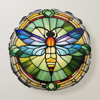 Stained Glass Dragonfly Round Pillow