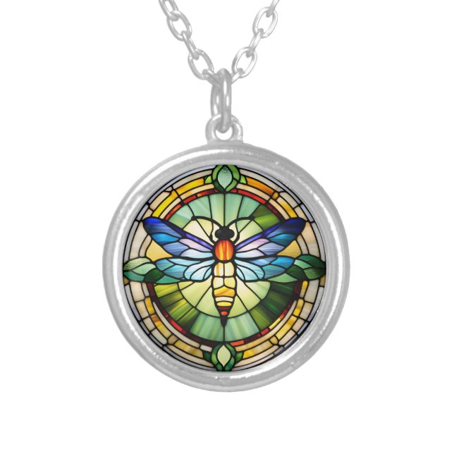 Stained Glass Dragonfly Silver Plated Necklace (Front)