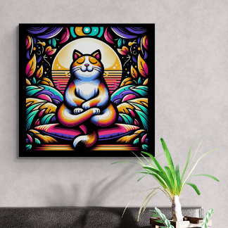 Stained Glass Effect Colorful Cat in Meditation Canvas Print