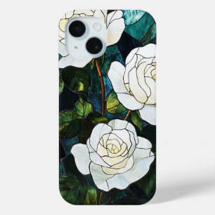 Stained Glass Effect iPhone case, White Roses 15 Case
