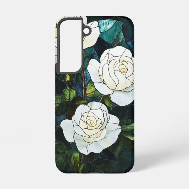 Stained Glass Effect Samsung Case, White Roses Galaxy Case (Back)