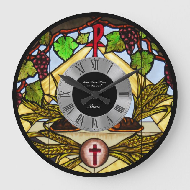 Stained Glass Eucharist Personalized Roman Numbers Large Clock (Front)
