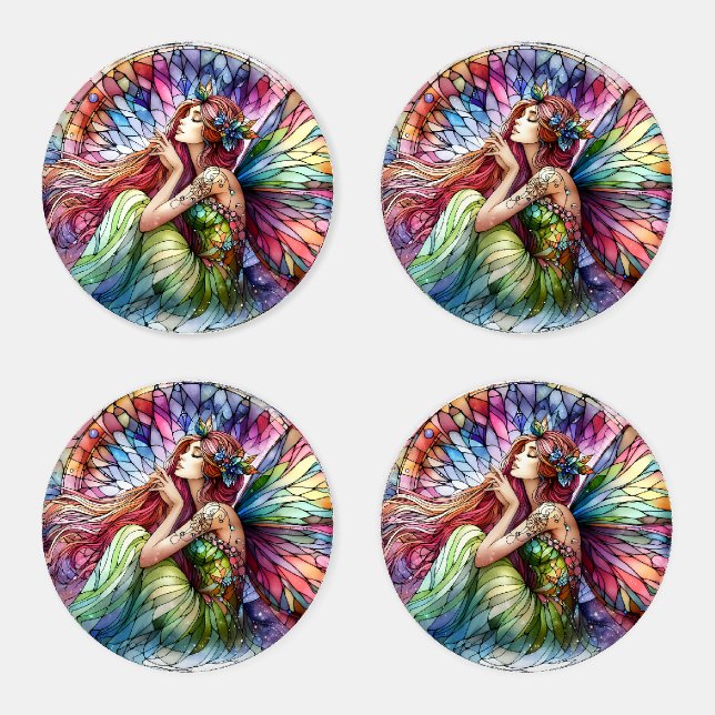 Stained Glass Fairy Dream Enchanting Rainbow Wings Coaster Set (Set)