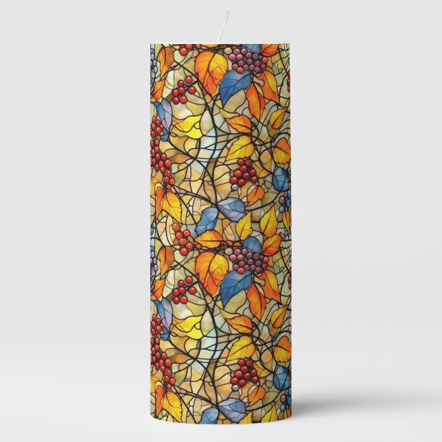Stained Glass Fall Leave Pattern Pillar Candle (Front)