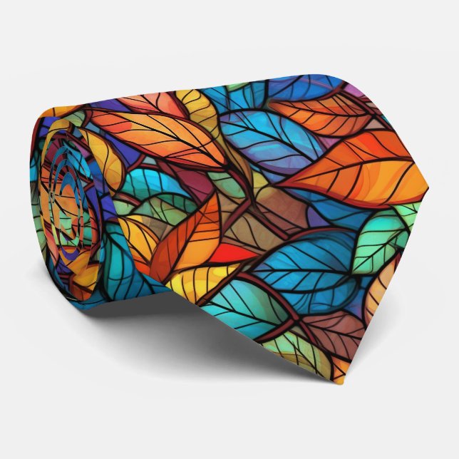 Stained Glass Fall Leave Seamless Pattern Neck Tie (Rolled)