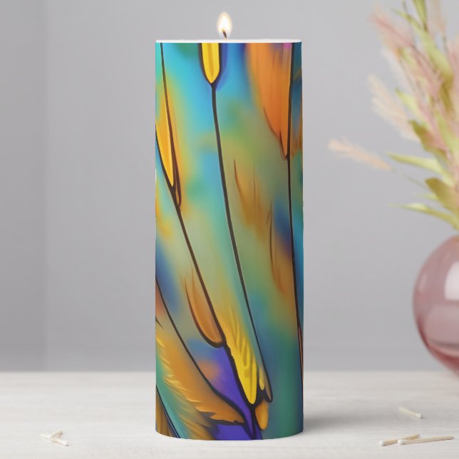Stained Glass Feather AI Abstract Art    Pillar Candle (In Situ)