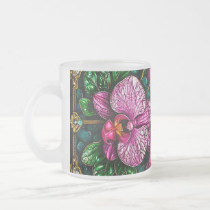 Stained Glass Featuring Pink Orchids Frosted Glass Coffee Mug