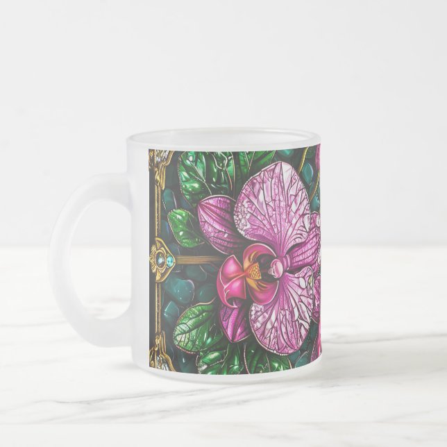 Stained Glass Featuring Pink Orchids Frosted Glass Coffee Mug (Left)