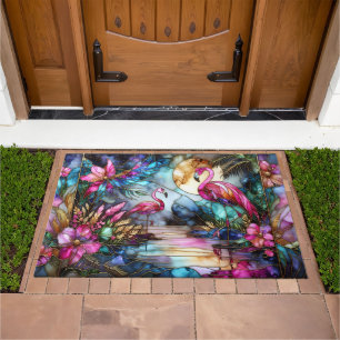 Stained Glass Flamingo Moon Garden Doormat