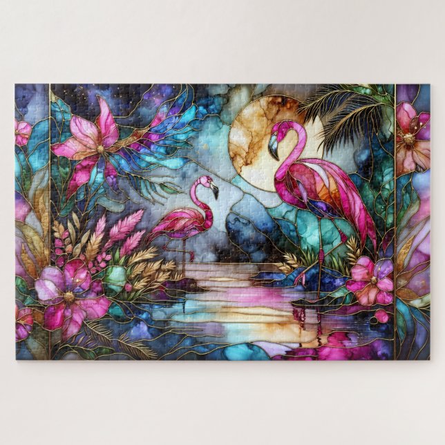 Stained Glass Flamingo Moon Garden Jigsaw Puzzle (Horizontal)