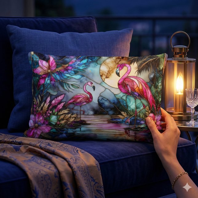 Stained Glass Flamingo Moon Garden Lumbar Pillow (Stained Glass Flamingo Moon Garden Lumbar Pillow Mockup A)