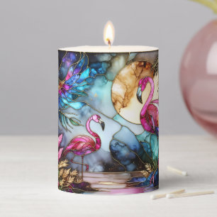 Stained Glass Flamingo Moon Garden Pillar Candle