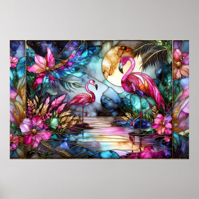 Stained Glass Flamingo Moon Garden Poster (Front)