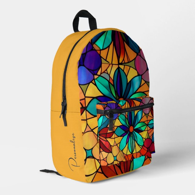 Stained Glass Floral Abstract Pattern Personalized Printed Backpack (Back Corner Left)
