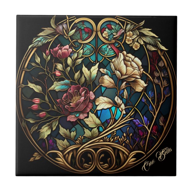 Stained Glass Floral Bouquet Ceramic Tile (Front)