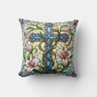 Stained Glass Floral Cross Throw Pillow