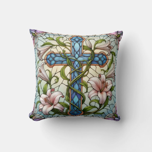 Stained Glass Floral Cross Throw Pillow (Front)