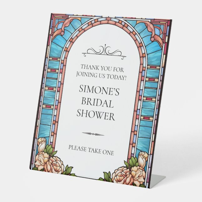 Stained Glass Floral Frame Wedding Pedestal Sign (Front)