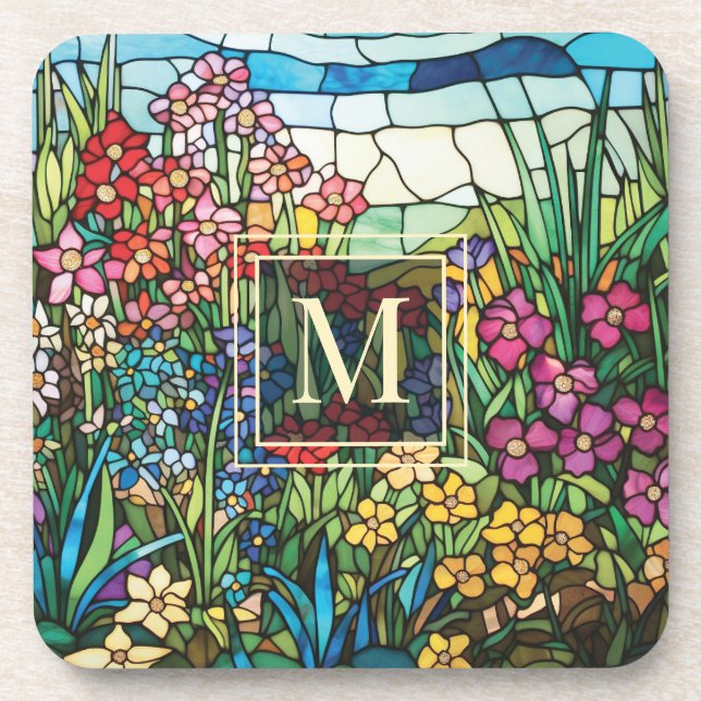 Stained Glass Floral Garden Monogram Coaster Set (Front)