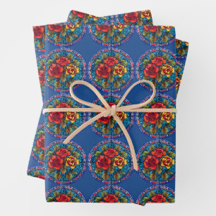 Stained Glass Floral Mosaic Art Design Wrapping Paper Sheets