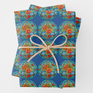 Stained Glass Floral Mosaic Art Design Wrapping Paper Sheets