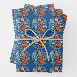 Stained Glass Floral Mosaic Art Design Wrapping Paper Sheets